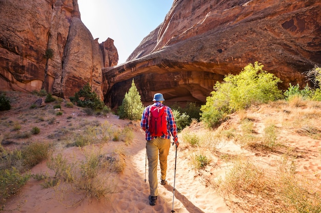 Wandeling in de bergen van Utah. Wandelen in ongewone natuurlijke landschappen. Fantastische vormen zandsteenformaties.