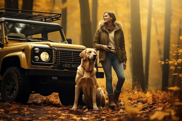 Wandelpaar met honden in de herfst boseigenaren met gouden labrador ontspannen in de buurt van de auto