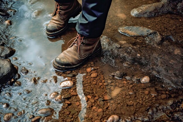 Wandelschoenen die door een ondiepe beek stappen