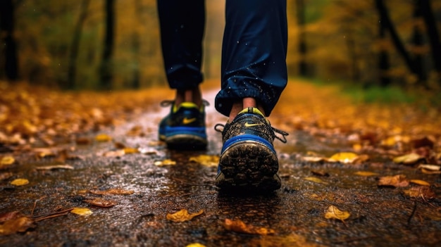 Foto wandelschoenen die door herfstbladeren en water treden