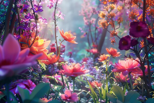 Photo wander through a magical garden where flowers bloo generative ai