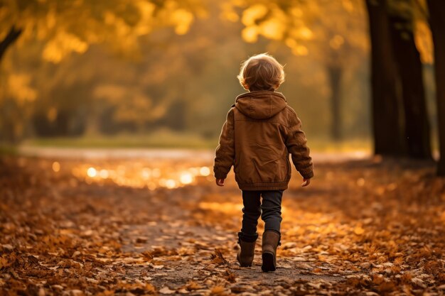 Wandering amidst autumn's tapestry a mari boy strolling through falling leaves