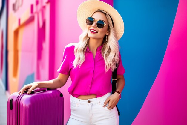 Photo wanderlust blond in summer fashion against bold magenta backdrop