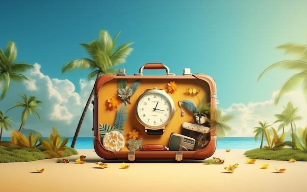 Wanderlust Journey Open Travel Suitcase with Vacation Travel Time Banner Generative AI