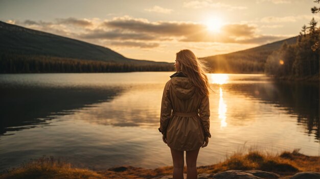 湖で時間を過ごした女性の放浪癖のある写真