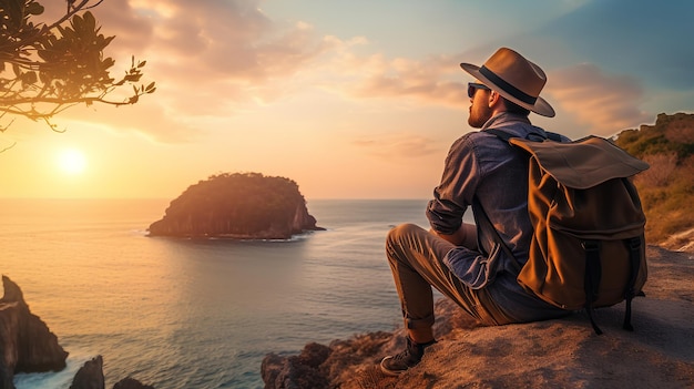 Wanderlust travel tourist with backpack sitting near