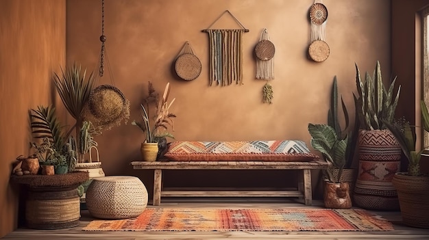 Wandmodel op nomadische boho-interieurachtergrond met rustiek decor Generatieve Ai