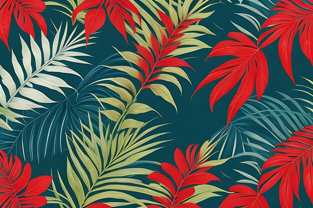 Wandpapier met tropische bladeren en een rode en blauwe achtergrond