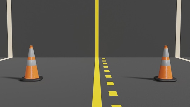 Фото Убывающие знаки два дорожных конуса на асфальтированной дороге белые и желтые линии уличная комната