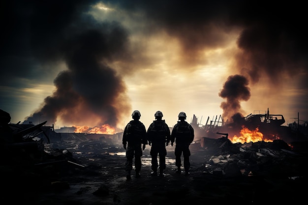 Foto wapenbroeders, veerkrachtige soldaten die de verwoestingen van de oorlog onder een sombere, rokerige hemel trotseren