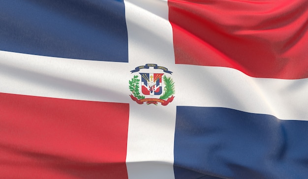 Wapperende nationale vlag van de Dominicaanse Republiek. Zwaaide zeer gedetailleerde close-up 3D render.