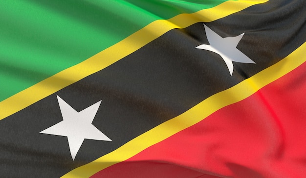 Wapperende nationale vlag van Saint Kitts en Nevis. Zwaaide zeer gedetailleerde close-up 3D render.