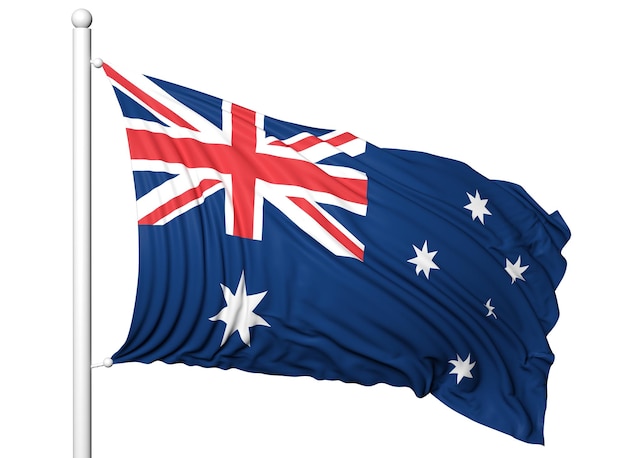 Wapperende vlag van Australië op vlaggenmast geïsoleerd op witte achtergrond