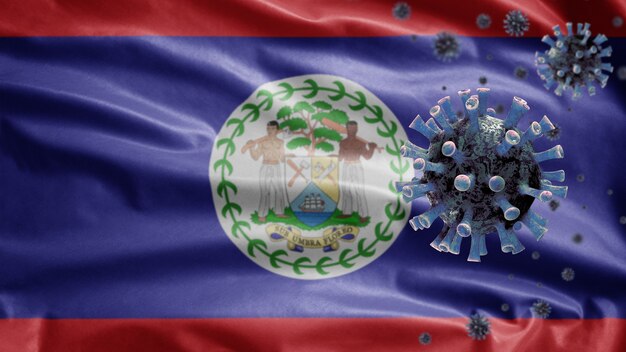 Wapperende vlag van Belize en coronavirus-microscoopvirus