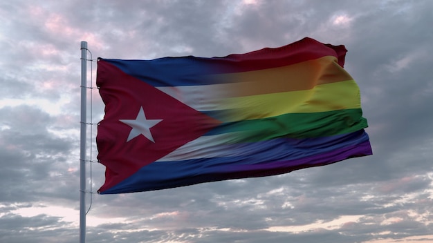 Wapperende vlag van de staat Cuba en LGBT-regenboogvlag