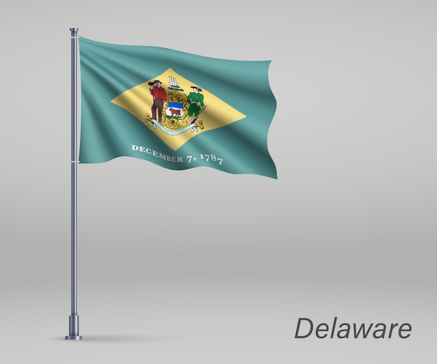 Wapperende vlag van de staat delaware van de verenigde staten op vlaggenmast sjabloon voor onafhankelijkheidsdag posterontwerp