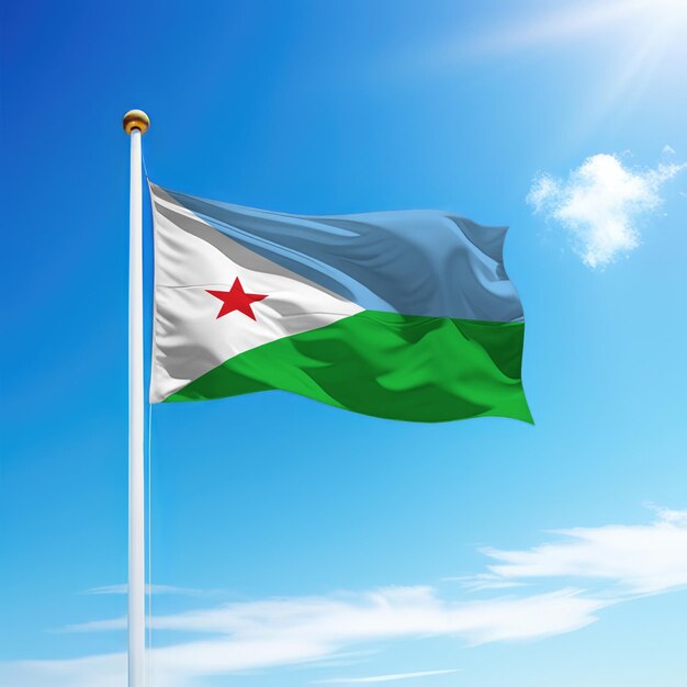 Wapperende vlag van Djibouti op vlaggenmast met hemelachtergrond
