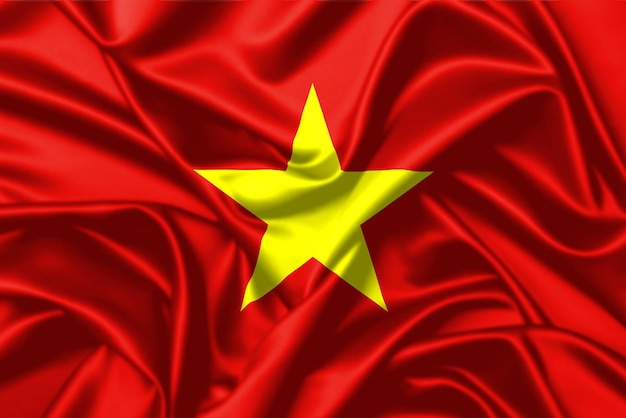 Wapperende vlag van Vietnam close-up satijn textuur achtergrond