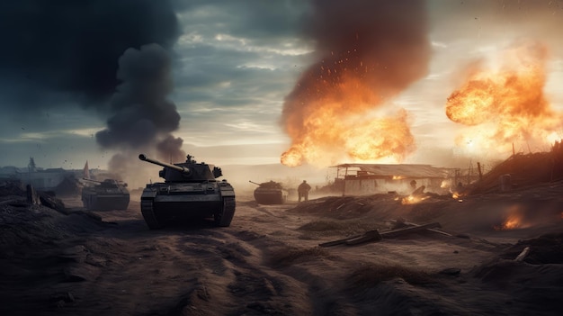 War battlefield scene with military tanks going to war with explosions