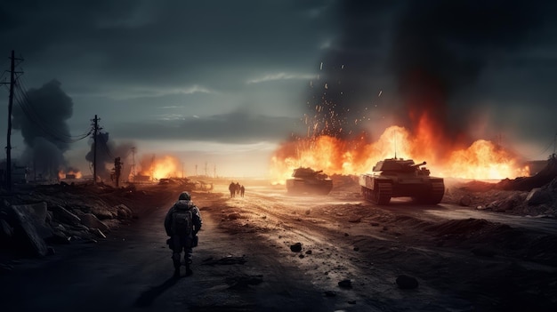 War battlefield scene with military tanks going to war with explosions