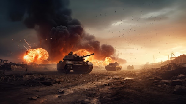 軍用戦車が爆発で戦争に向かう戦争の戦場シーン