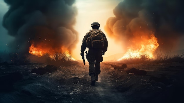 Foto scena del campo di battaglia di guerra con soldato che va in guerra con esplosioni
