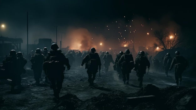 Сцена военного боя с солдатами, идущими на войну со взрывами