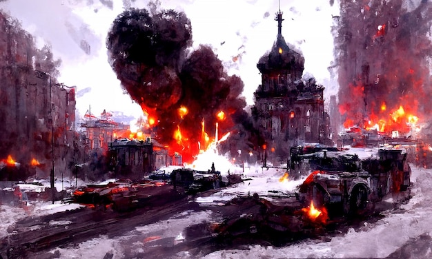 War bomb explosions on the streets of the city rockets and\
shells destroy houses fire and destruction of buildings war\
fighting in residential areas 3d illustration