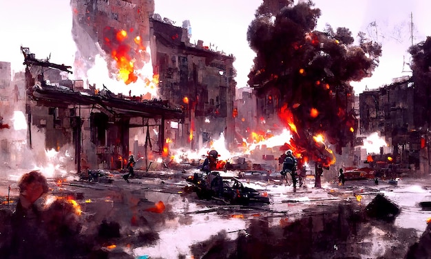 War bomb explosions on the streets of the city rockets and\
shells destroy houses fire and destruction of buildings war\
fighting in residential areas 3d illustration