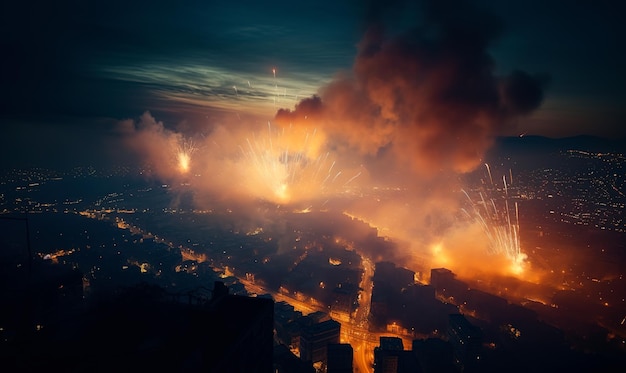 Война городская катастрофа Ночное разрушение Апокалиптический взрыв Генеративный ИИ