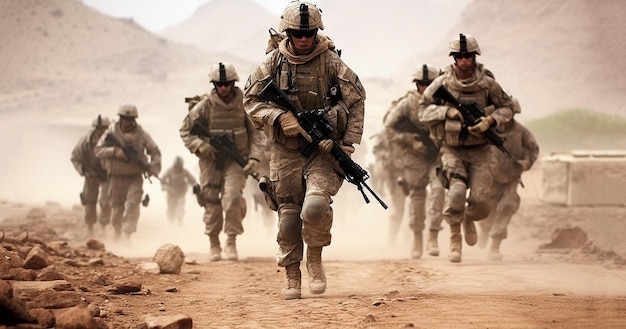 Концепция войны Сцена военных боев на фоне тумана войны на фоне неба Солдаты мировой войны Выборочный фокус Американская армия в боюСолдат США в пустыне спецназ