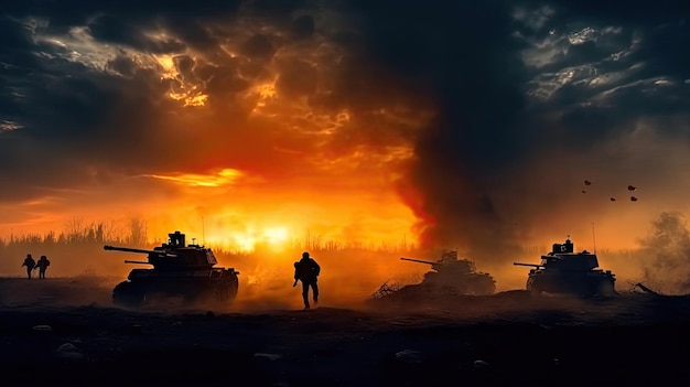 War Concept Military silhouettes fighting scene on war fog sky background World War Soldiers Silhouettes Below Cloudy Skyline at sunset Attack scene