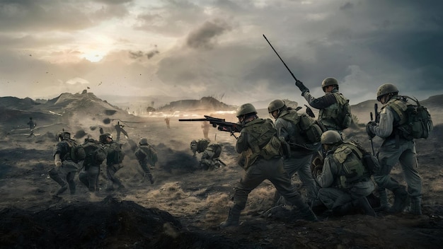 Photo war and conflict landscape with soldiers fighting