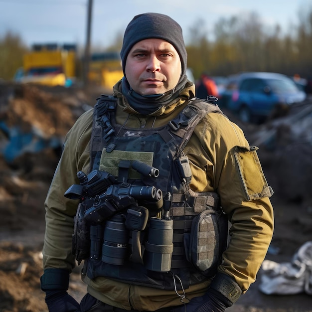 A war correspondent in a bulletproof vest and a helmet