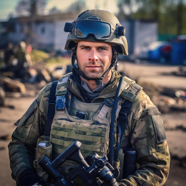 A war correspondent in a bulletproof vest and a helmet