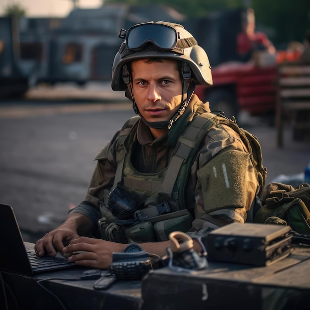 A war correspondent in a bulletproof vest and a helmet