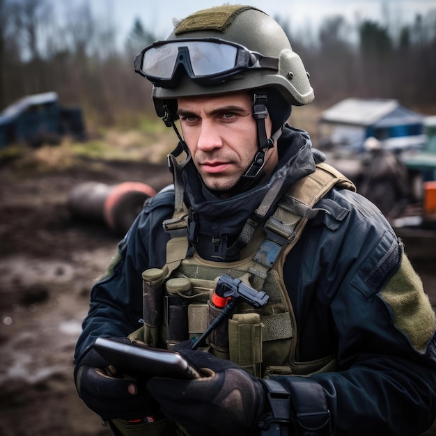 A war correspondent in a bulletproof vest and a helmet