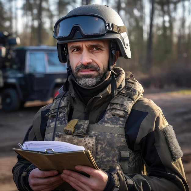 Photo a war correspondent in a bulletproof vest and a helmet