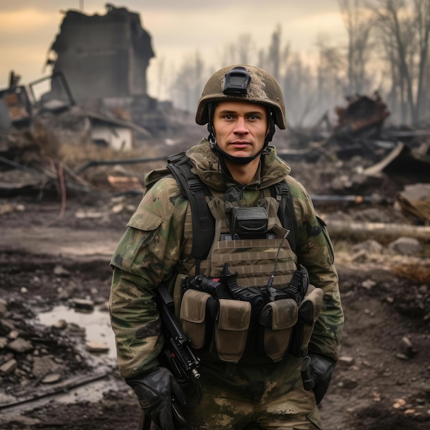 Photo a war correspondent in a bulletproof vest and a helmet