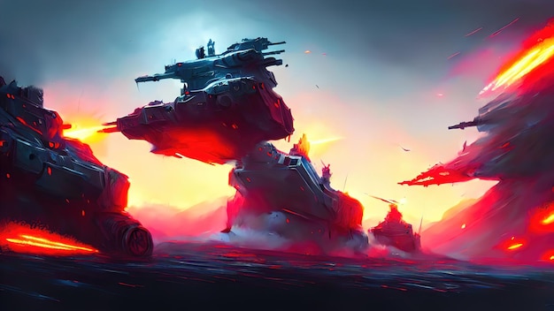 미래의 전쟁 전장의 군인과 장비는 탱크와 싸우고 전투 차량은 폭발을 일으키고 3d 그림을 불꽃 튀깁니다