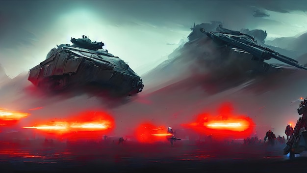 War of the future the battlefield Soldiers and equipment are fighting tanks and combat vehicles are firing Explosions and sparks 3d illustration