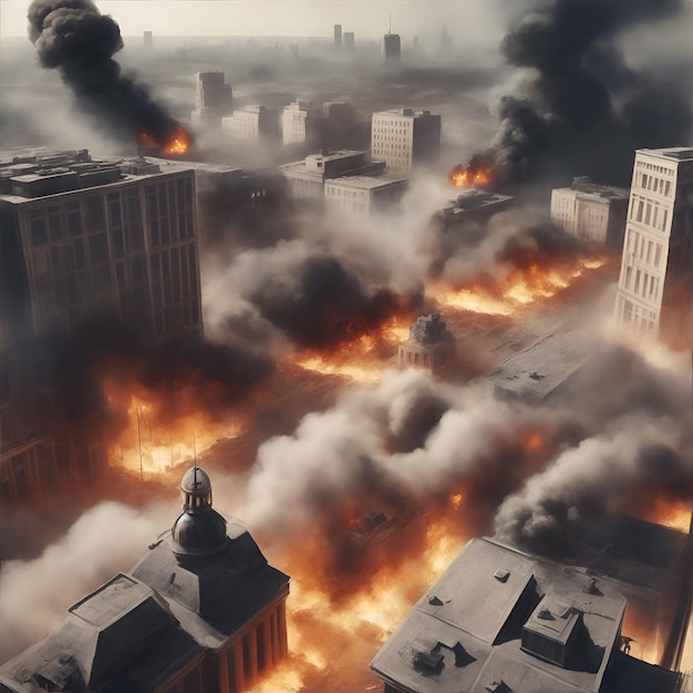 War_in_the_city_militaire oorlog gebroken gebouwen_vuur en rook in het veld