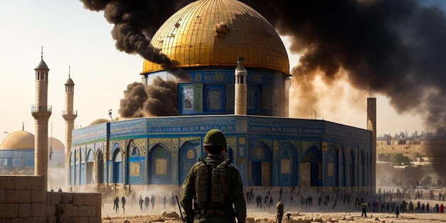 The war between israel and palestine the smoke behind the masjid aqsa hands trying to escape from