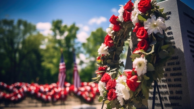 war memorial monument with wreaths and symbolic artifacts