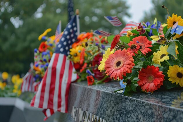 Photo war memorial with flowers and american flag