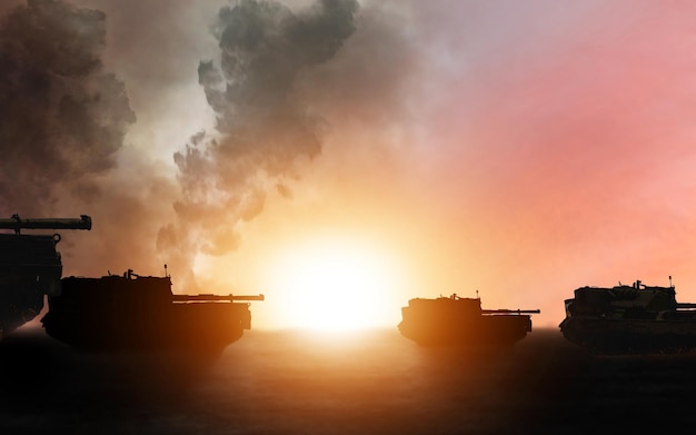 Photo war military tank silhouette and sunrise on battlefield with conflict vehicle and politics with explosion orange fire and smoke from fight or battle armed forces and warfare with army in warzone