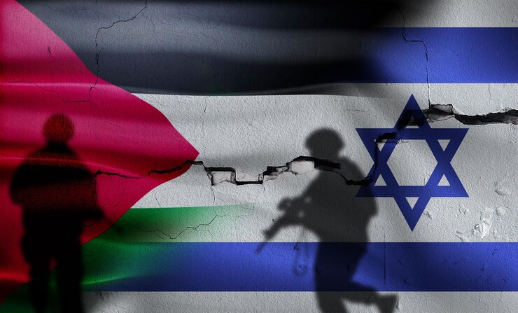 パレスチナとイスラエルの間の戦争 パレスチナ対イスラエルの兵士のシルエット ひび割れた壁にイスラエル対パレスチナの旗