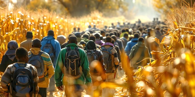 Photo war refugees emigrating through cornfield in large group concept war refugees emigration cornfield large group humanitarian crisis