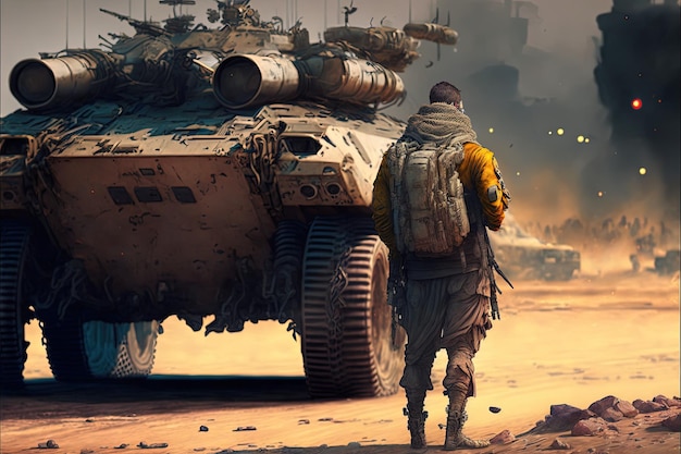 War scene illustration with soldier in front of a war tank. Generative AI