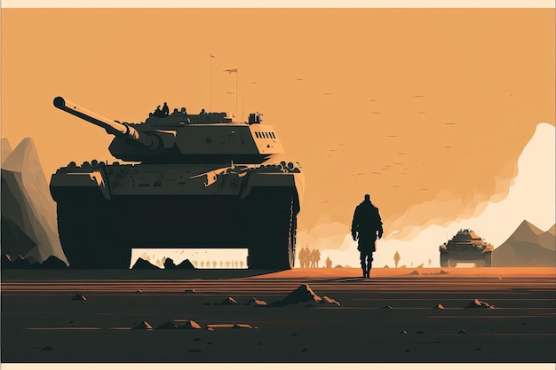 War scene illustration with war tank and soldiers. Generative AI